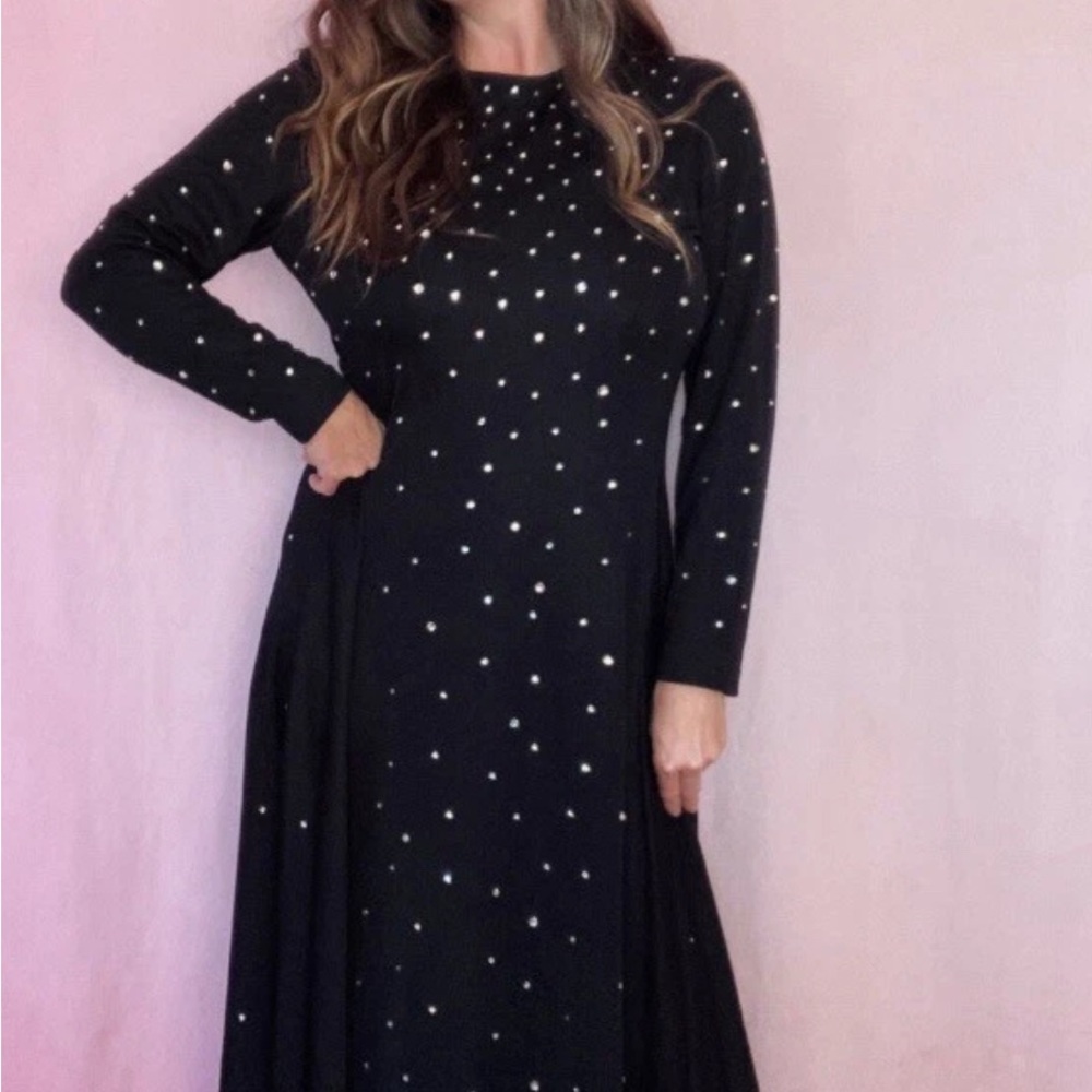 Vintage Black Evening Rhinestone Long sleeve dress by Parnes feinstein  L/XL